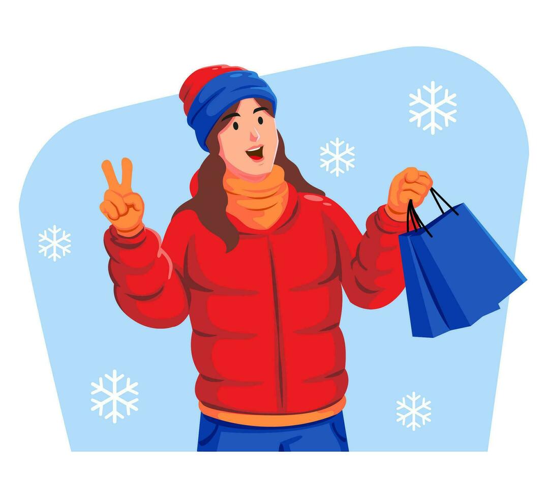 vrouw in een winter jasje met winter hoed en sjaal Holding boodschappen doen Tassen vector