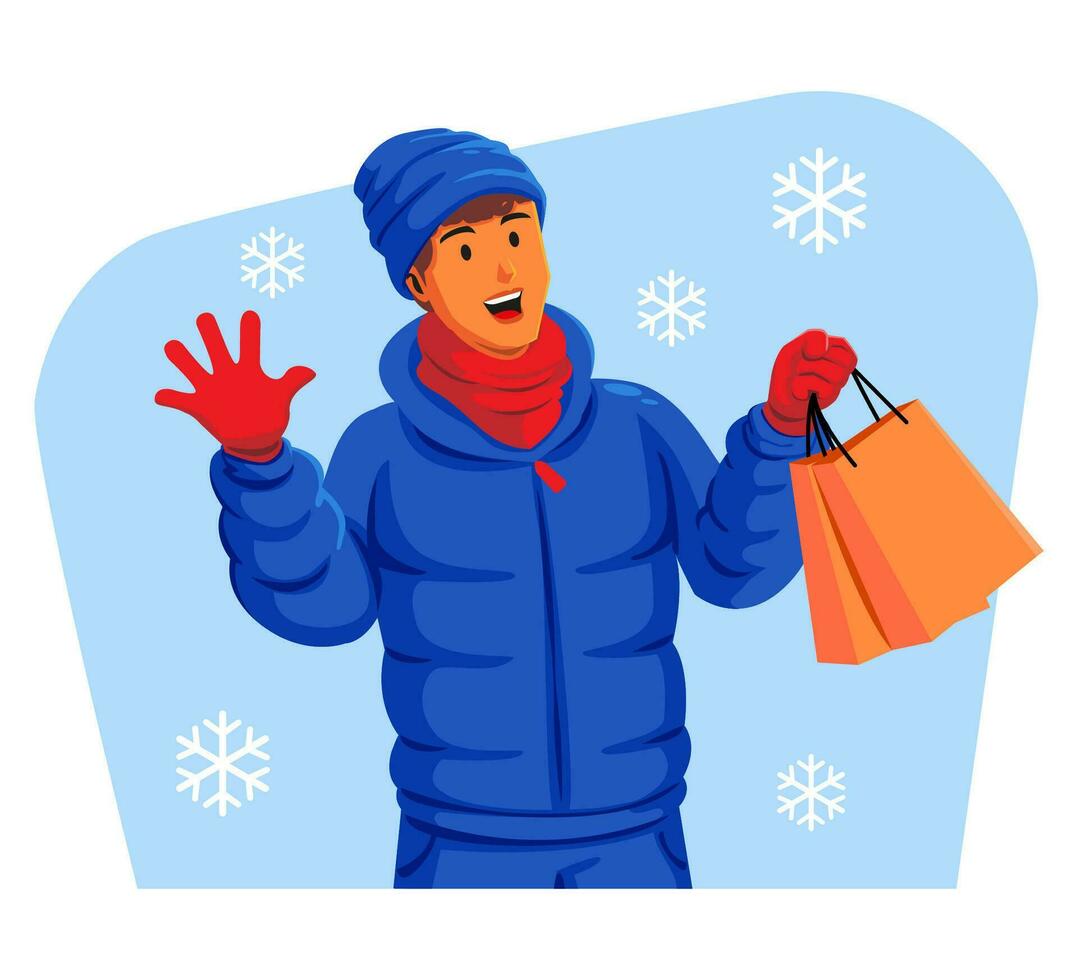Mens in een winter jasje met winter hoed en sjaal Holding boodschappen doen Tassen vector