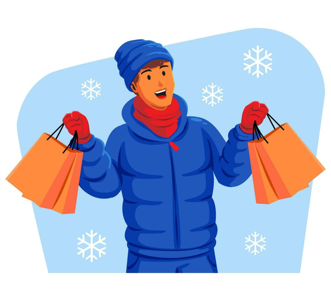 Mens in een winter jasje met winter hoed en sjaal Holding boodschappen doen Tassen vector