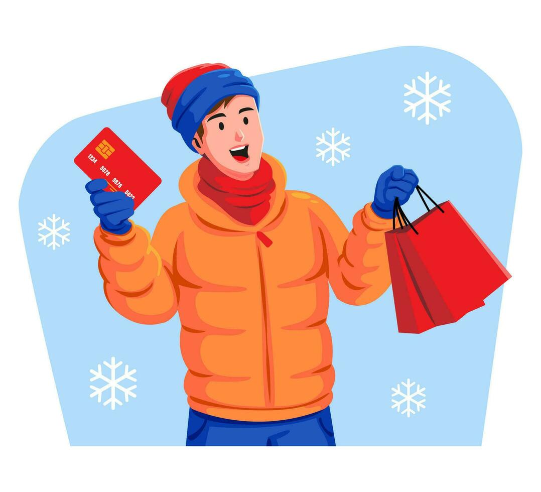 jong Mens in winter kleren Holding rood credit kaart en boodschappen doen Tassen vector