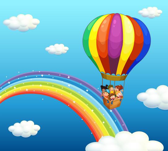 Kinderen rijden in grote ballon over de regenboog vector