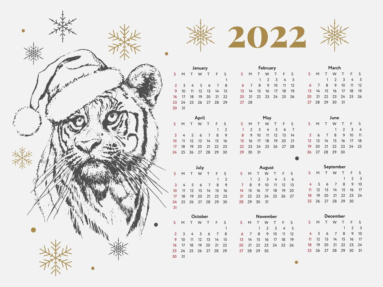 2022 tijger kerst kalender nieuwe jaar schets week begint op zondag. vector