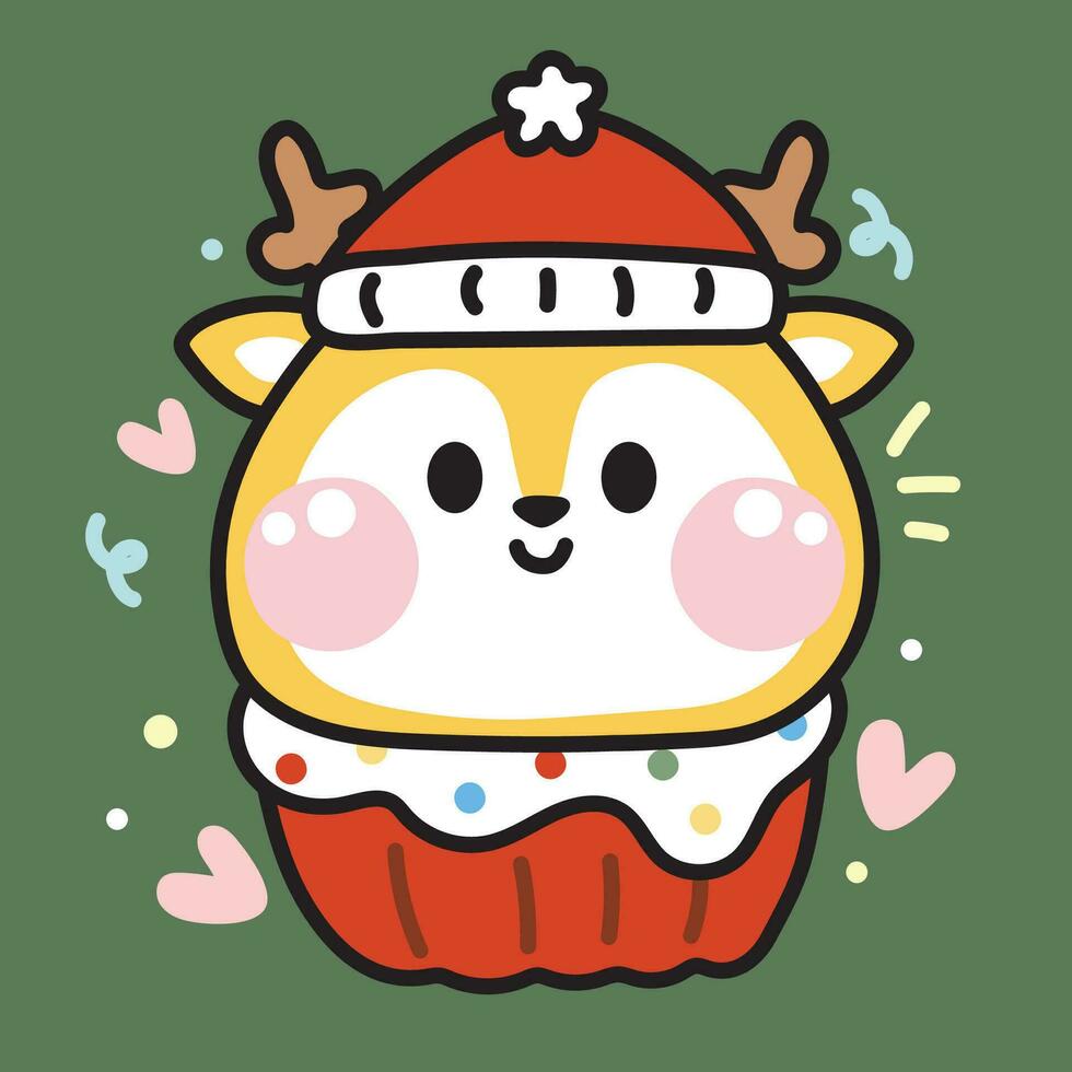 schattig hert slijtage de kerstman hoed koekje in vrolijk Kerstmis concept.wild dier gezicht karakter tekenfilm ontwerp.sweet en dessert.gelukkig nieuw uear.winter.kawaii.vector.illustratie. vector