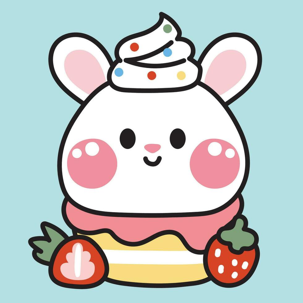schattig konijn hoofd aardbei cupcake.knaagdier dier gezicht karakter tekenfilm ontwerp.sweet en dessert.kawaii.vector.illustratie. vector