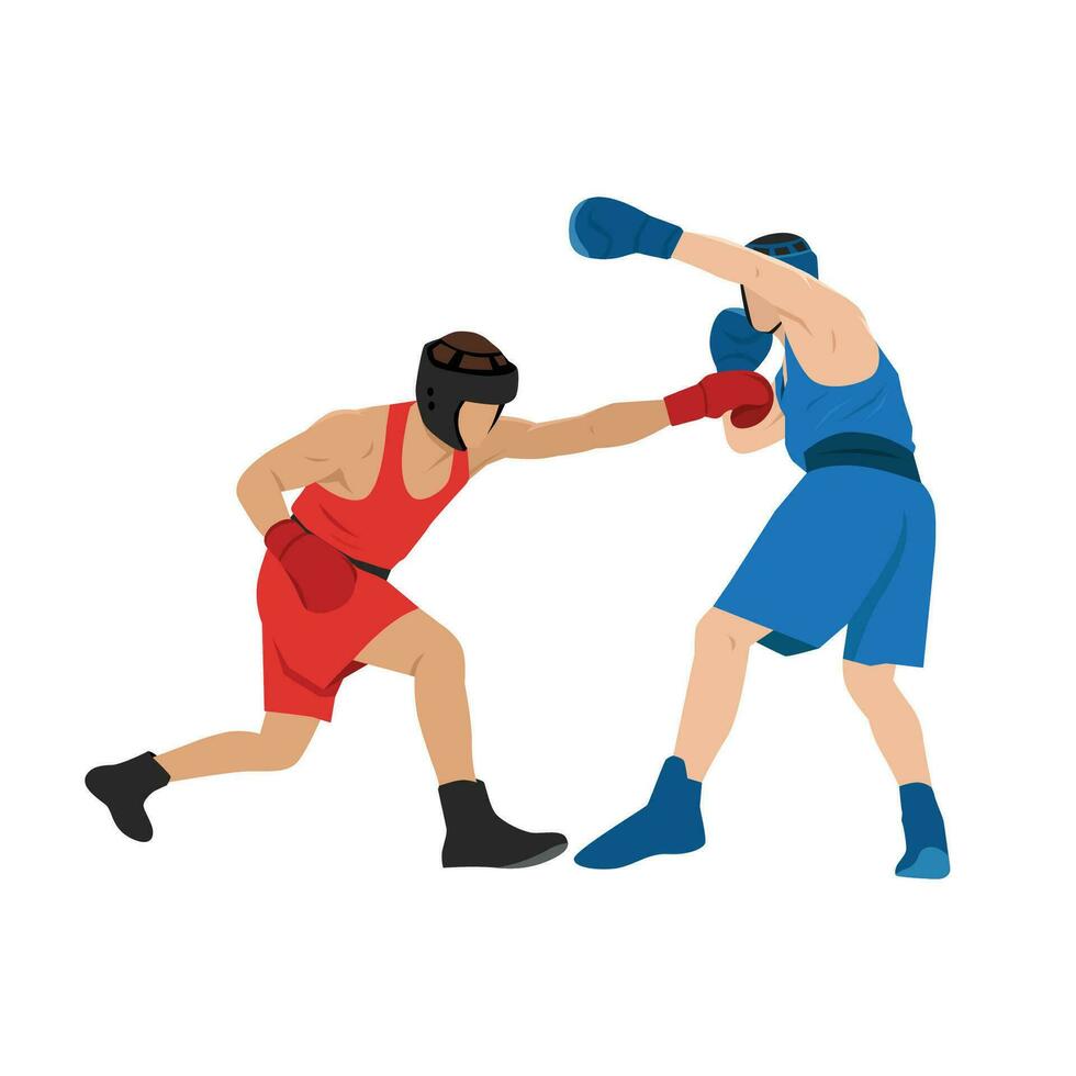 twee boksers vechten. strijd schouwspel evenement met omver gooien tussen professioneel sporters in sportkleding. vector
