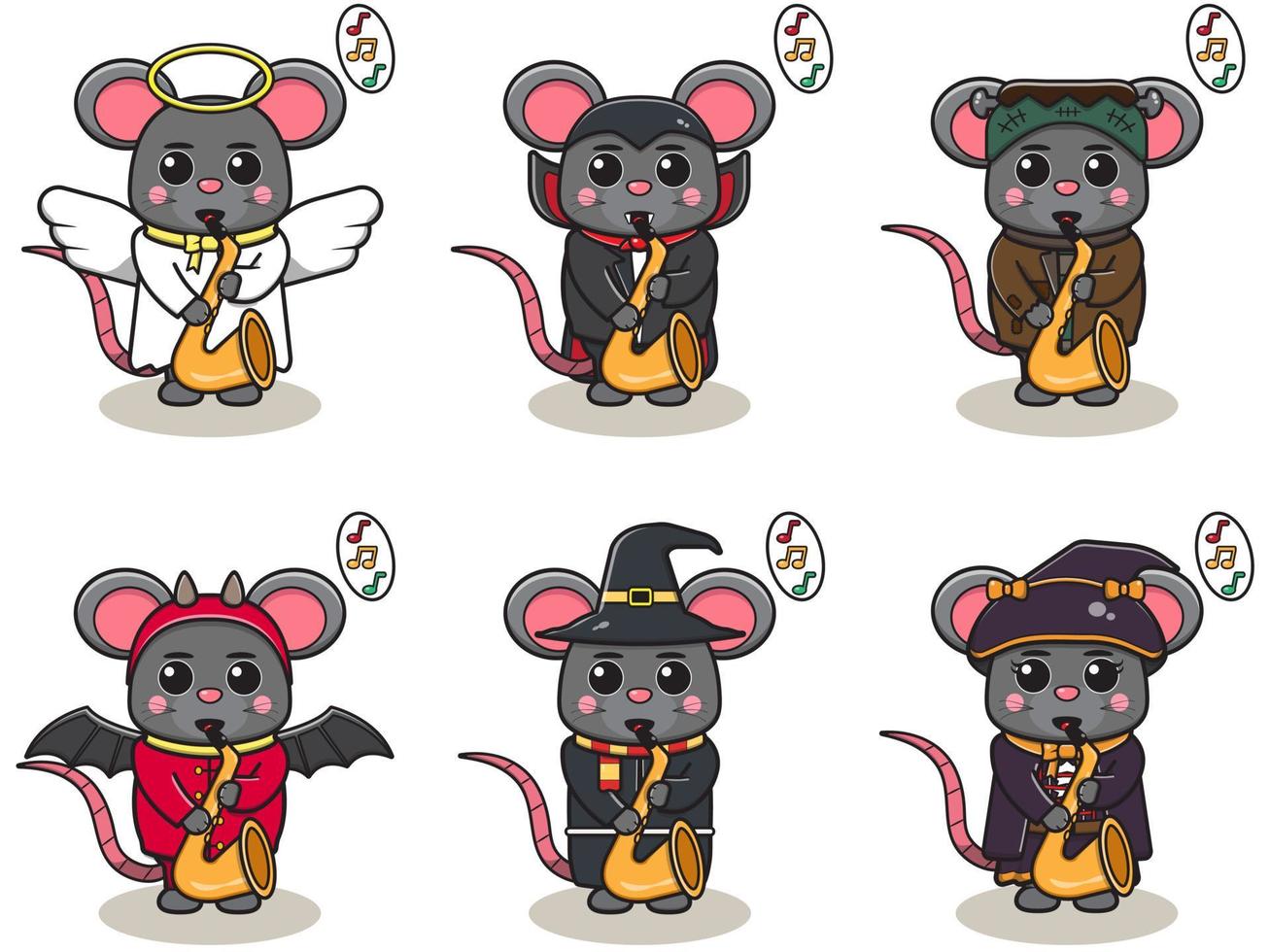 vectorillustratie van schattige muis met halloween kostuum saxofoon spelen. vector