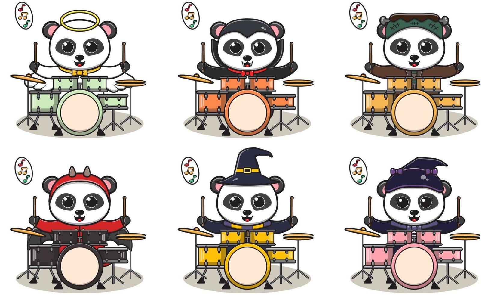 vectorillustratie van schattige panda met halloween kostuum drummen vector