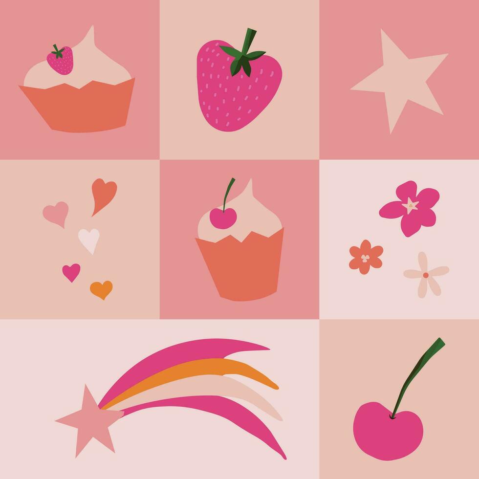 vector naadloos patroon met schattig minimalistisch cupcakes, sterren, regenbogen, bloemen enz. achtergrond, behang, papier of textiel afdrukken.