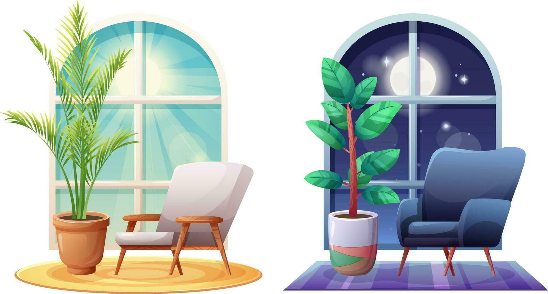 interieur samenstelling met fauteuil, pot met kamerplant, tapijt en venster. dag en nacht, zon en maan. vector illustratie in tekenfilm stijl