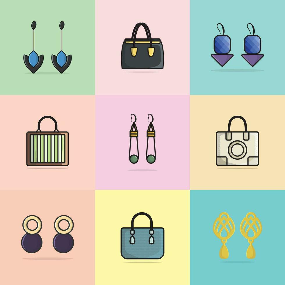 verzameling van 9 Dames mode koppeling leer portemonnees en modieus kleurrijk oorbellen sieraden vector illustratie. schoonheid mode voorwerp icoon concept. reeks van Dames mode ontwerp accessoires vector ontwerp.