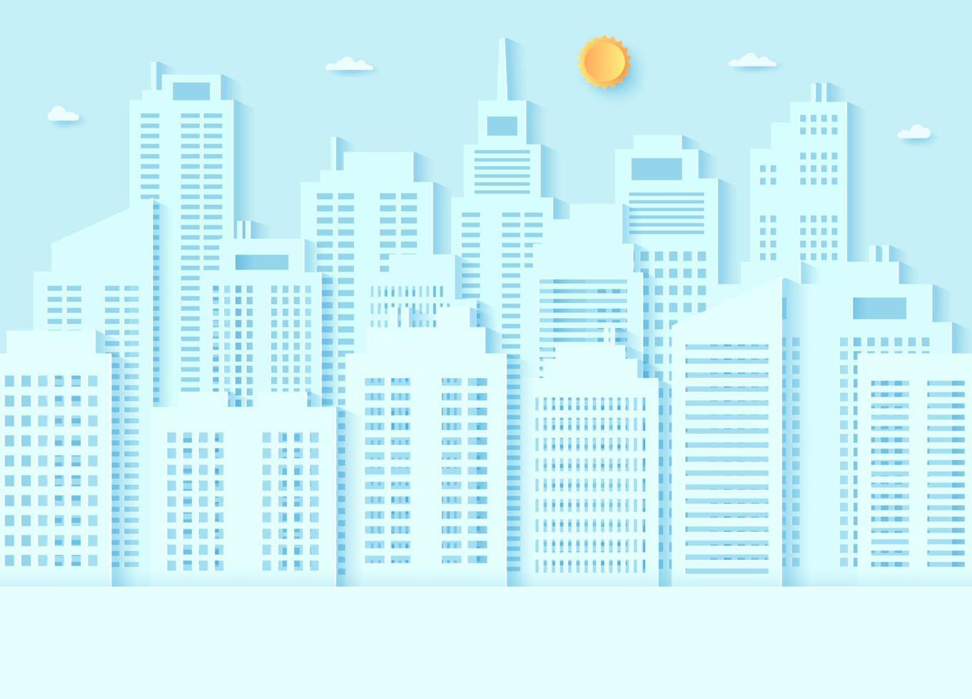 stadsgezicht, gebouw met blauwe lucht en een felle zon, papierkunststijl vector