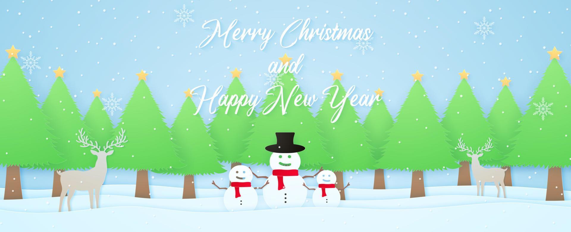 prettige kerstdagen en gelukkig nieuwjaar, winterlandschap, rendieren, sneeuwpop en kerstbomen op sneeuw met vallende sneeuw en sneeuwvlokken, belettering, papierkunststijl vector