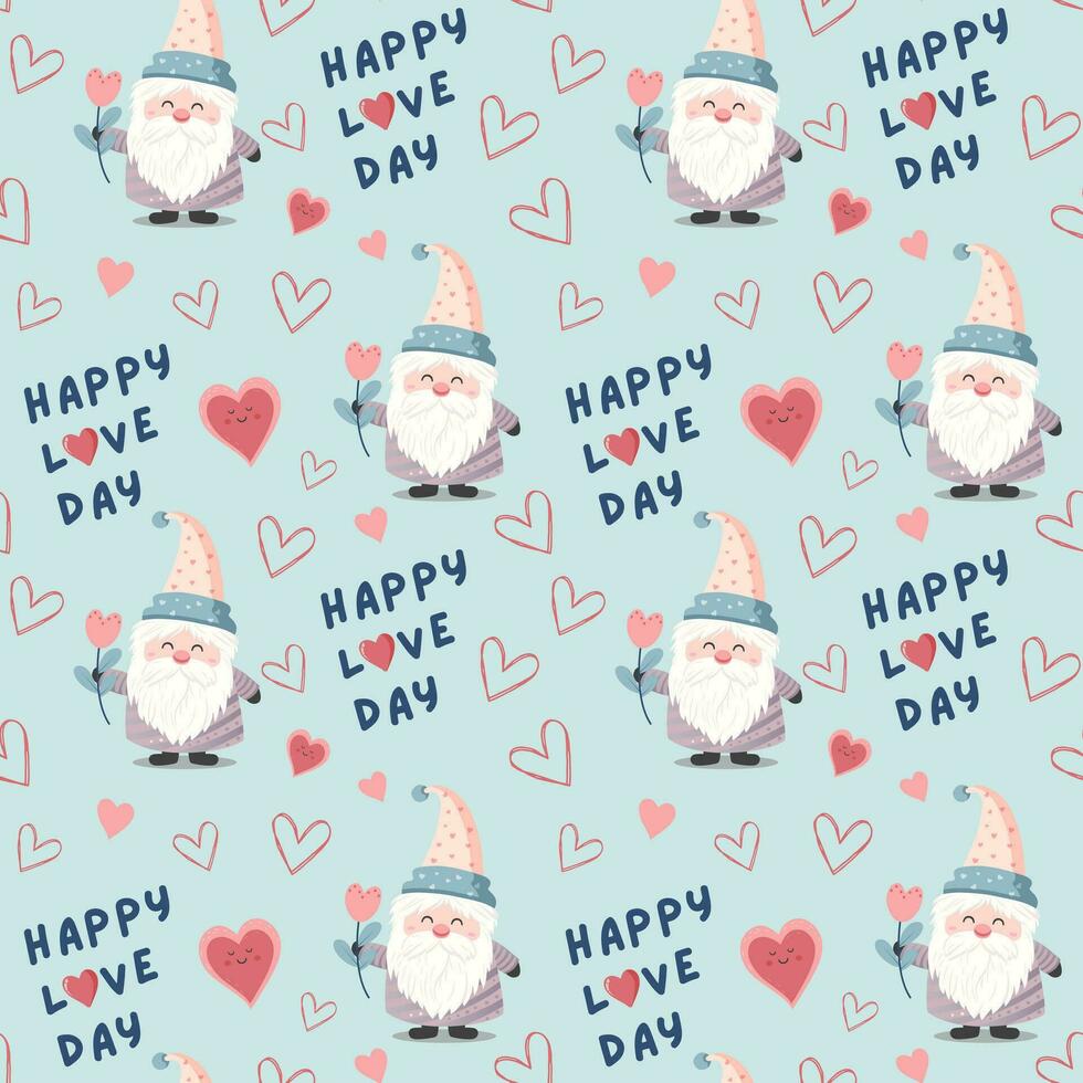 schattig gnoom met bloem naadloos patroon. hart vormen en tekst gelukkig liefde dag. Valentijnsdag dag achtergrond. vector