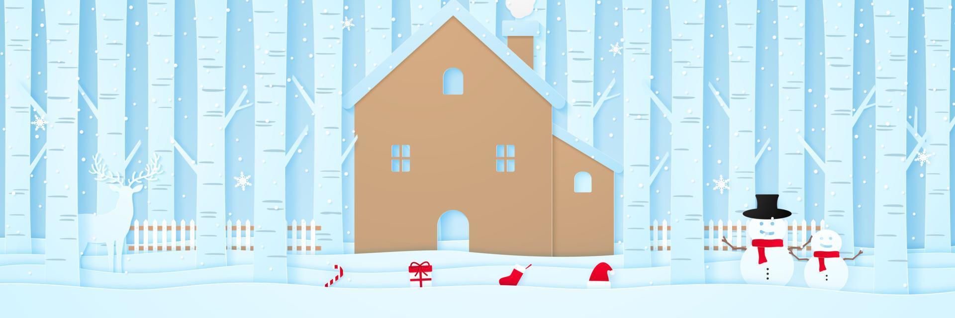 vrolijk kerstfeest, huis met rendieren, sneeuwpop, kerstspullen, hek en pijnbomen op sneeuw in winterlandschap met vallende sneeuw, papierkunststijl vector