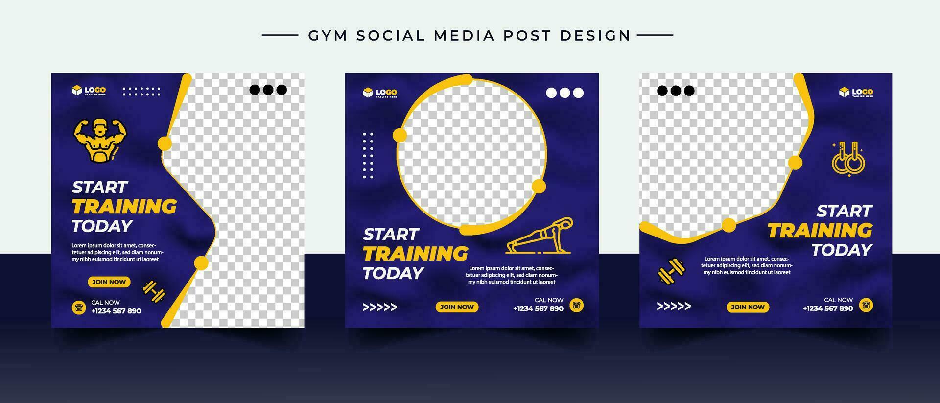 Sportschool, fitheid, en sport- sociaal media post sjabloon ontwerp set. vector