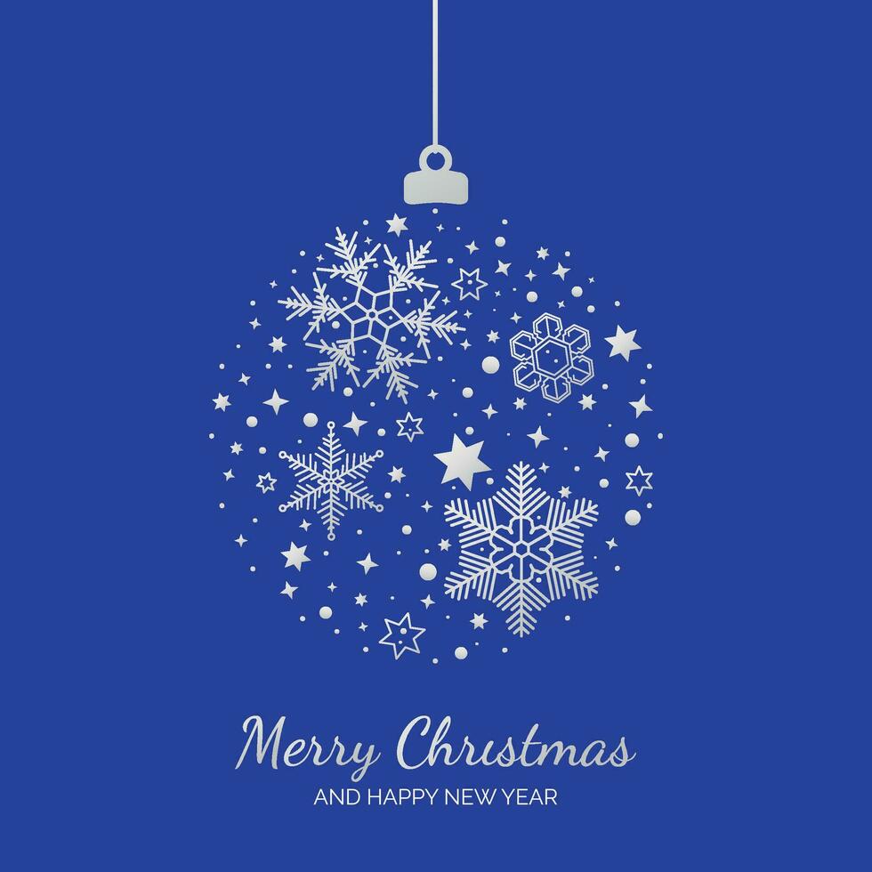 Kerstmis en nieuw jaar groet kaart met boom ornament met zilver sneeuwvlokken geïsoleerd Aan blauw achtergrond vector