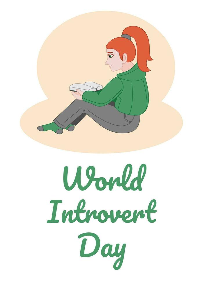 poster voor wereld introvert dag met een meisje lezing een boek. vlak kleur vector illustratie.