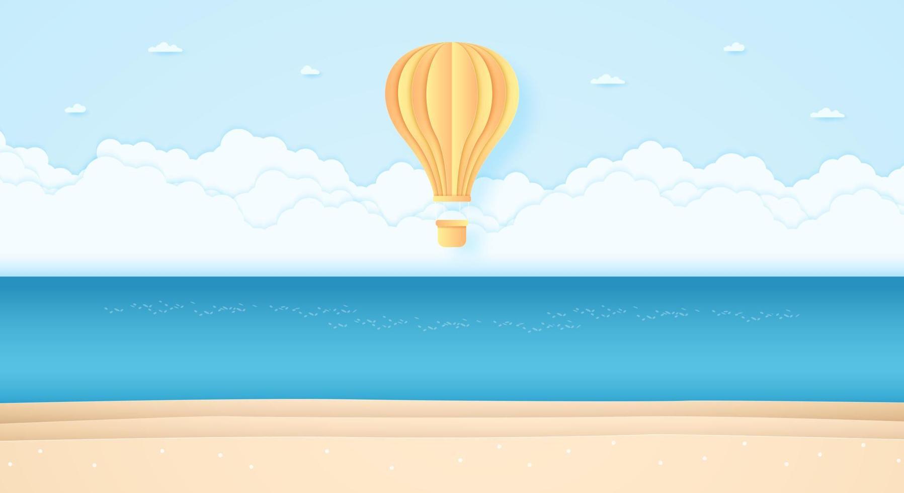 heldere heteluchtballon die boven zee vliegt in de blauwe lucht en het strand, papierkunststijl vector