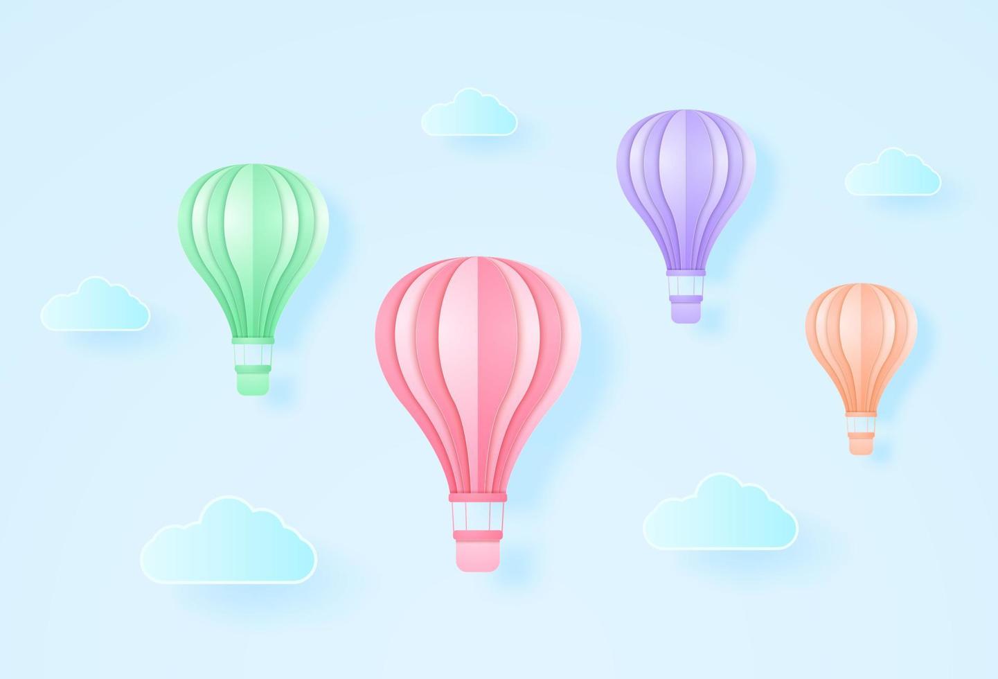 kleurrijke heteluchtballonnen die in de blauwe lucht vliegen, papierkunststijl vector