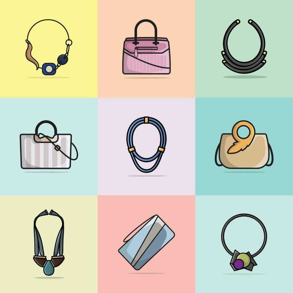 verzameling van 9 modern Dames handtassen en uniek stijl kettingen vector illustratie. schoonheid mode voorwerpen icoon concept. reeks van Dames mode sieraden accessoires vector ontwerp.