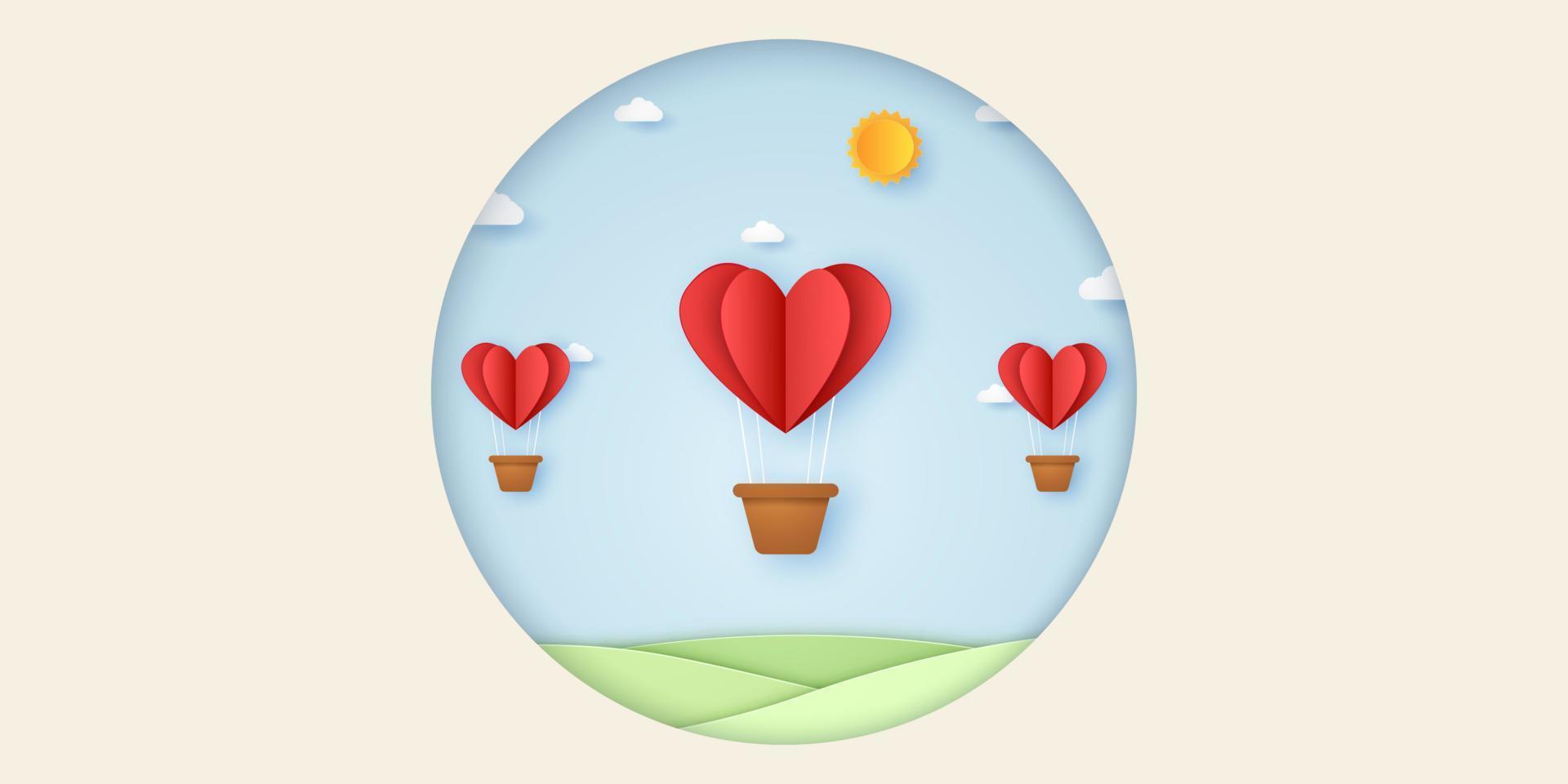 Valentijnsdag, illustratie van liefde, rood hart luchtballonnen vliegen in de blauwe lucht, papier kunststijl vector