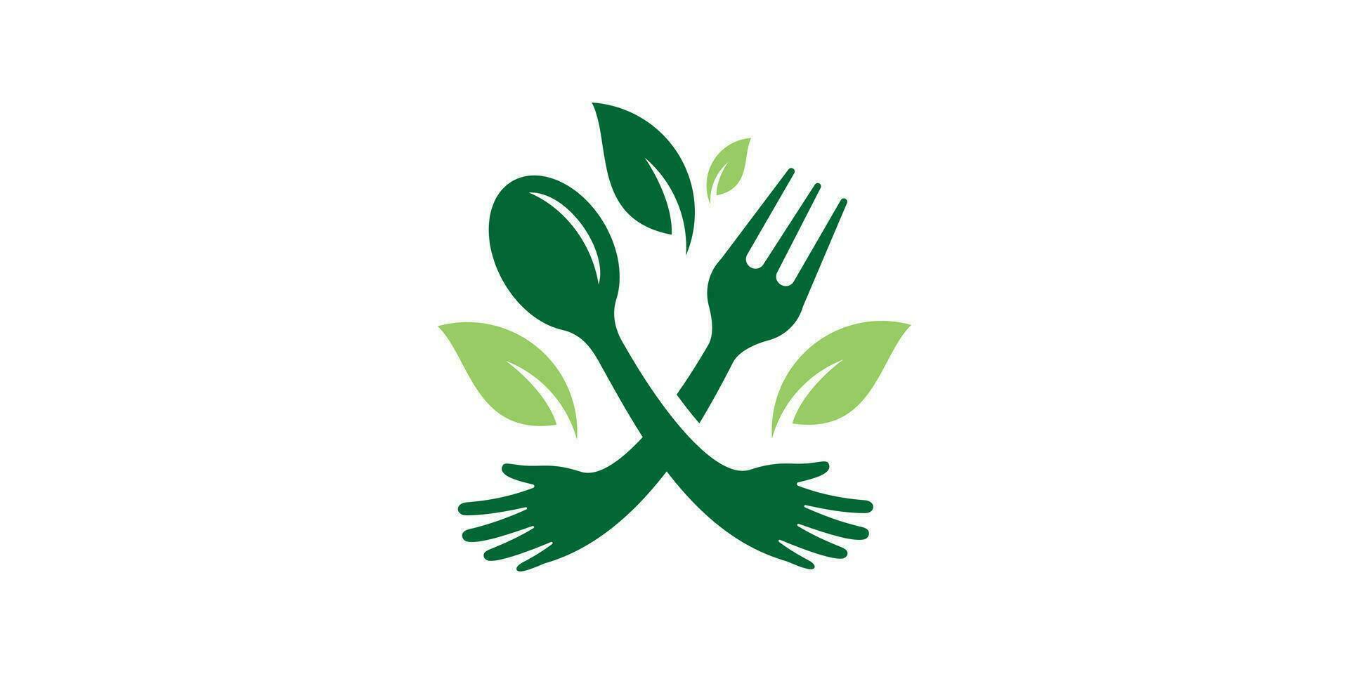 logo ontwerp combinatie van lepel en vork vormen met handen, gezond voedsel logo. vector