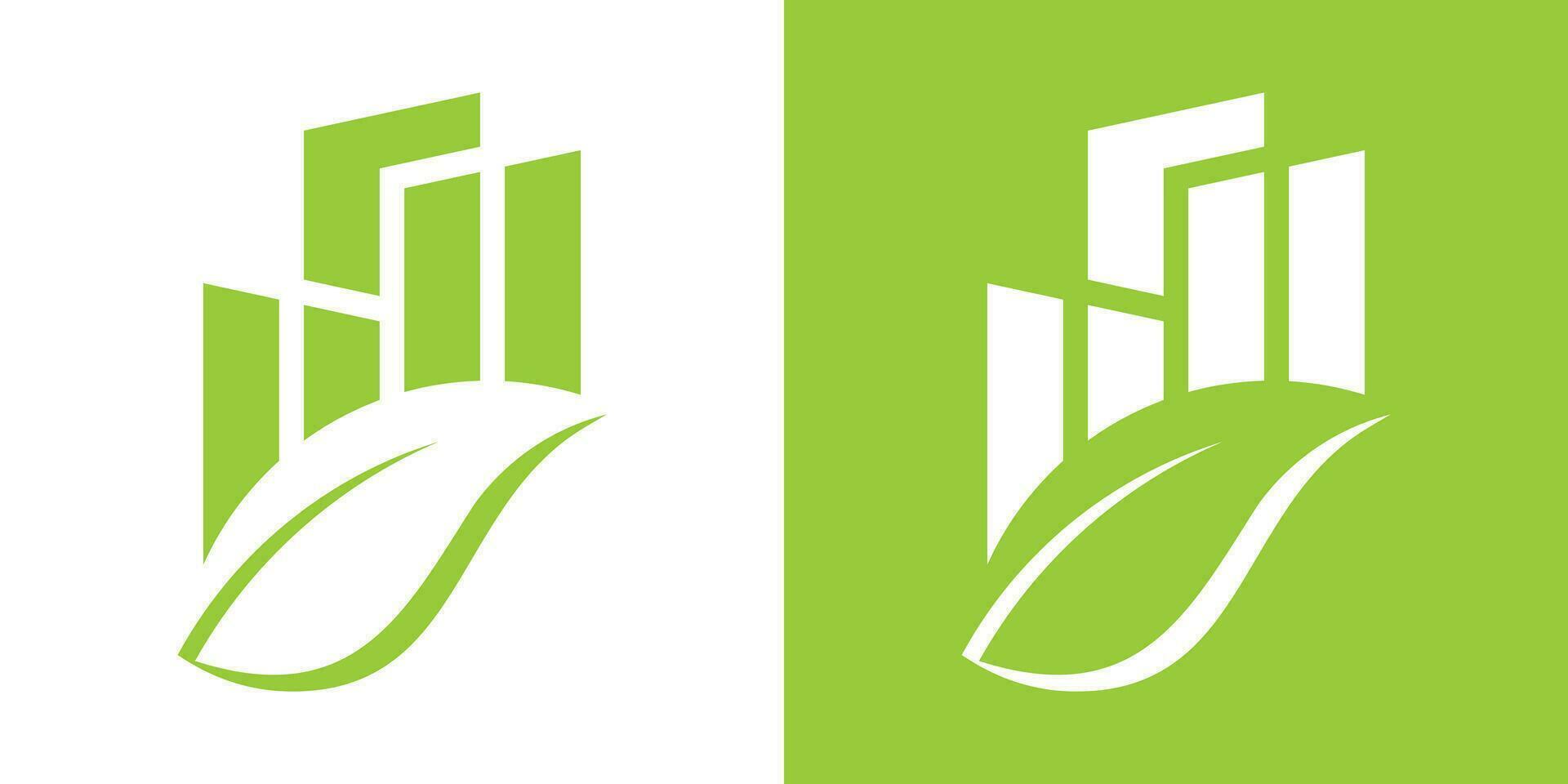 logo ontwerp blad en gebouw icoon vector illustratie