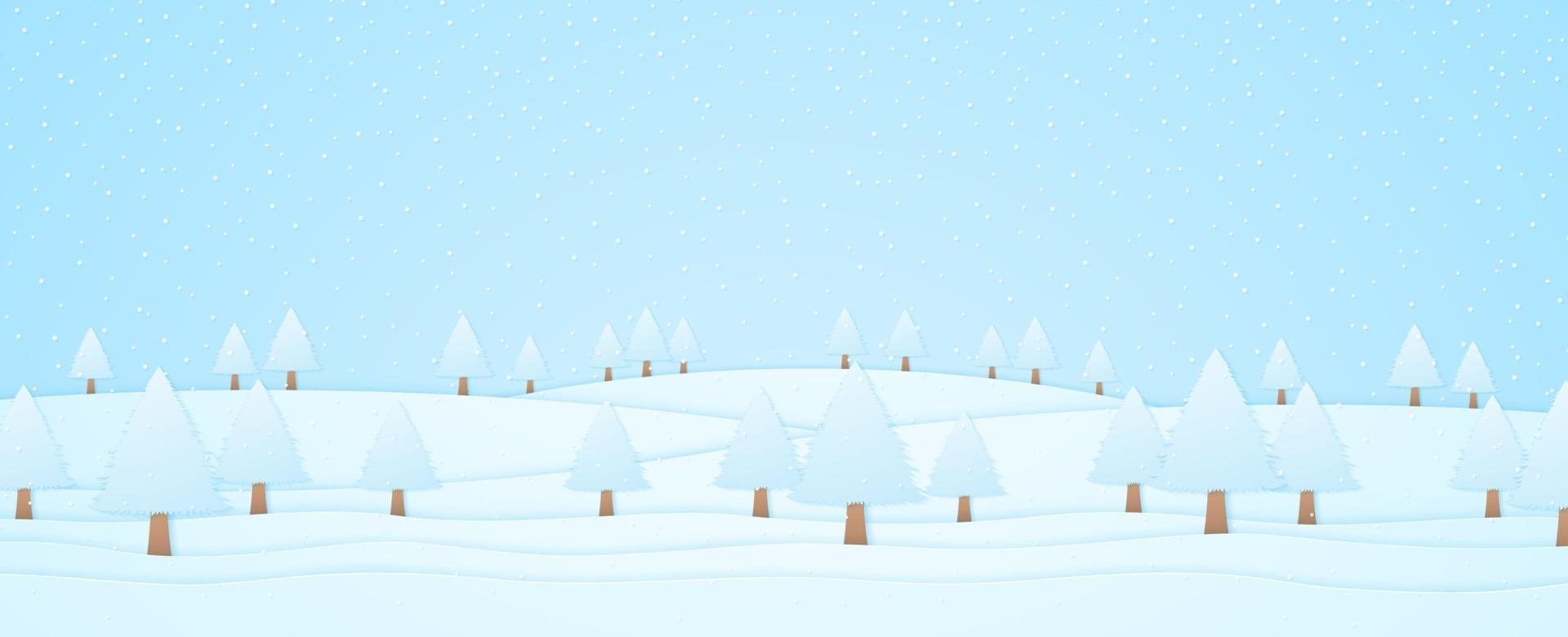 winterlandschap, bomen op heuvel en sneeuw vallen, papier kunststijl vector