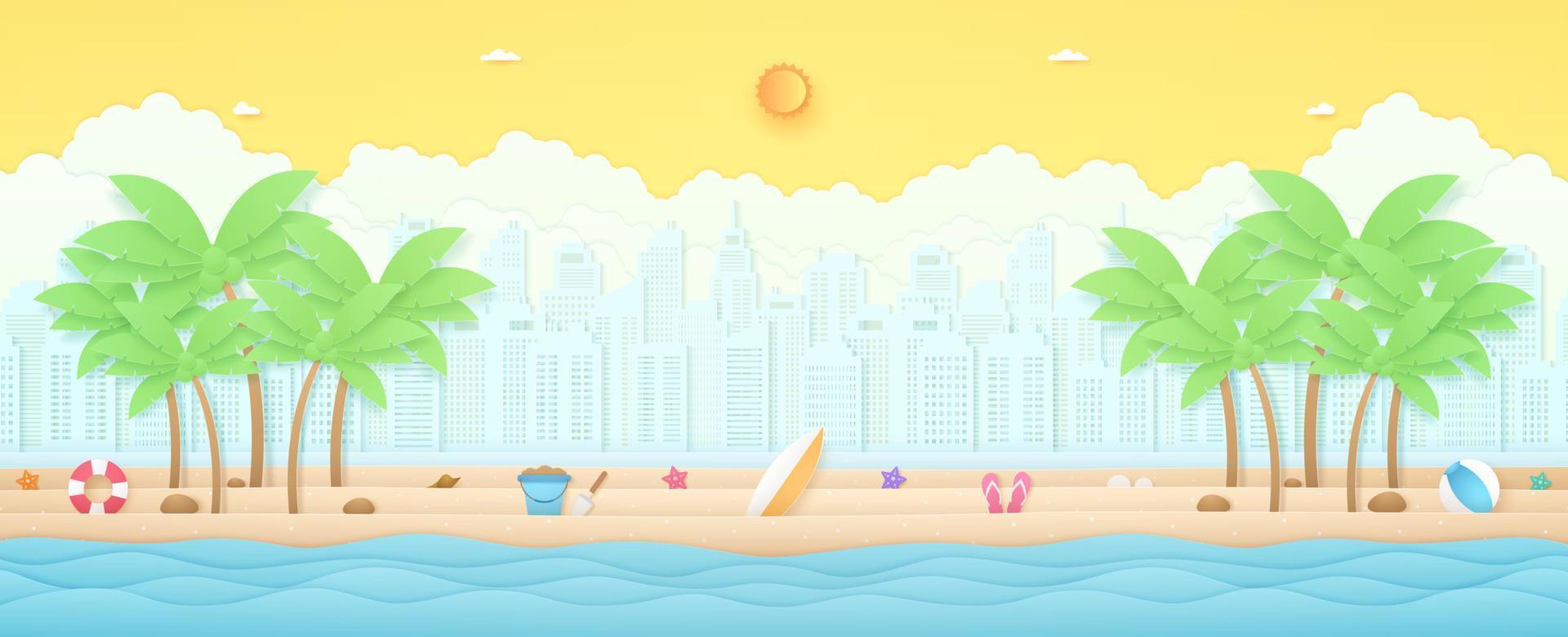 zomertijd, tropisch landschap, golvende zee met kokospalmen en zomerspullen op strand, stadsgezicht en wolkenachtergrond, felle zon en zonnige hemel, papierkunststijl vector