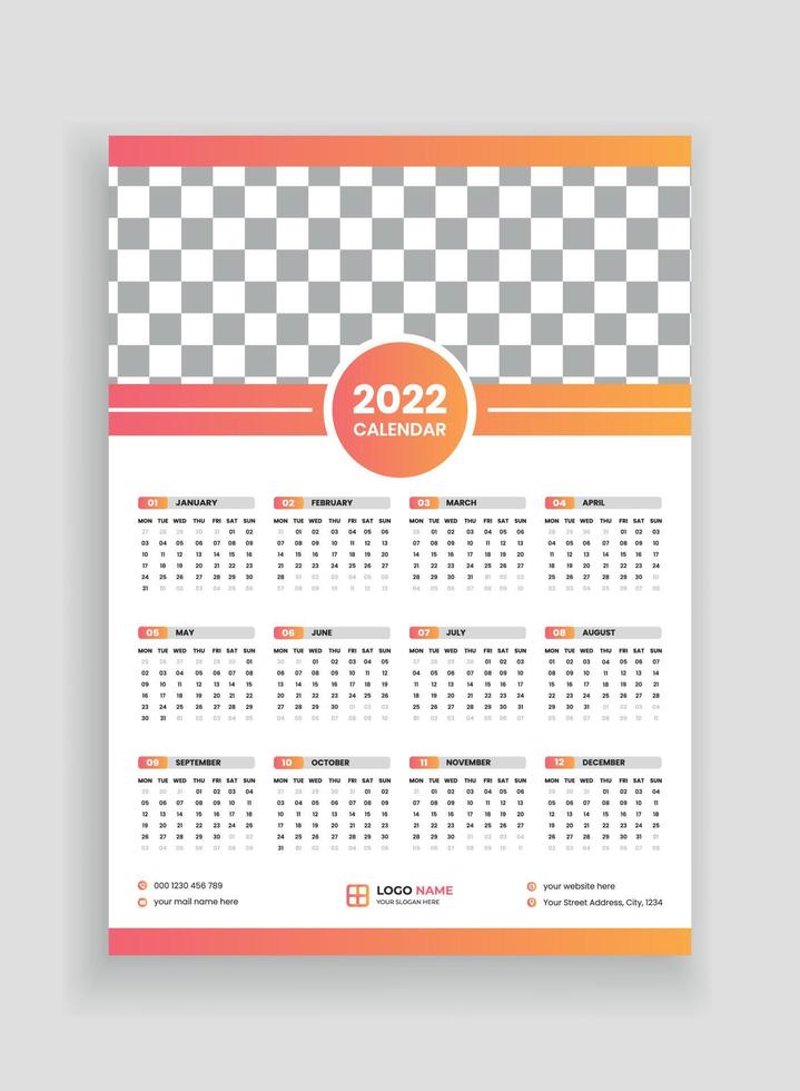 één pagina wandkalender ontwerp 2022. wandkalender ontwerp 2022. nieuwjaarskalender ontwerp 2022. week begint op maandag. sjabloon voor jaarkalender 2022 vector