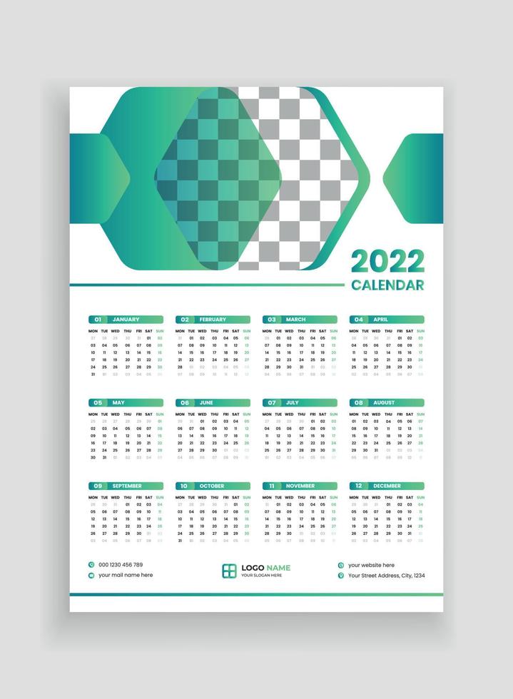 één pagina wandkalender ontwerp 2022. wandkalender ontwerp 2022. nieuwjaarskalender ontwerp 2022. week begint op maandag. sjabloon voor jaarkalender 2022 vector