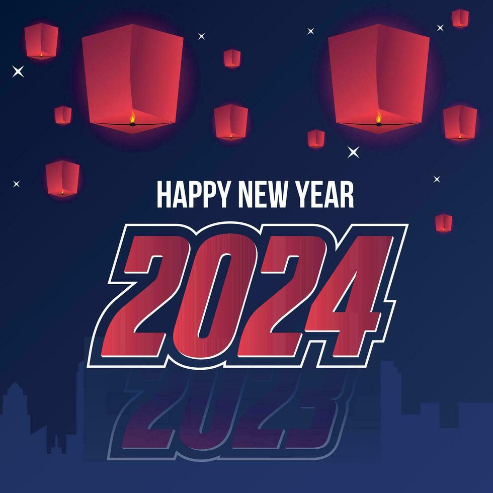 gelukkig nieuw jaar 2024, groet banier, 31e nacht festival met lucht lantaarn vector