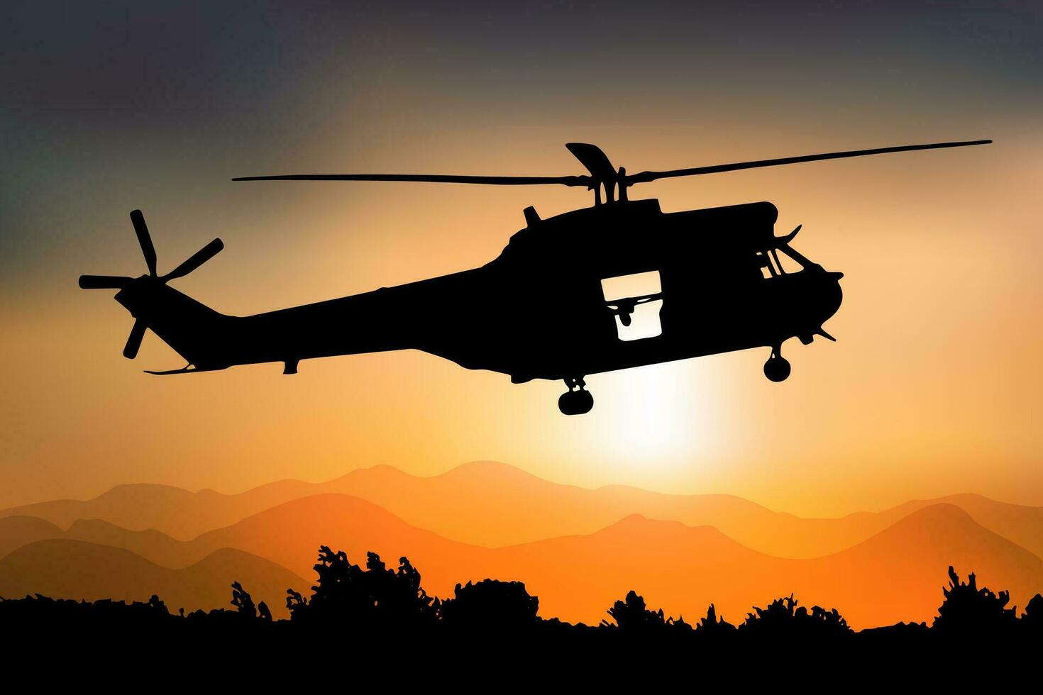 silhouet van een gevecht helikopter Bij zonsondergang, kant visie, poema in Frans leger, vector tekening kan worden gebruikt voor web, sticker, lapje, logo, illustratie en infographic