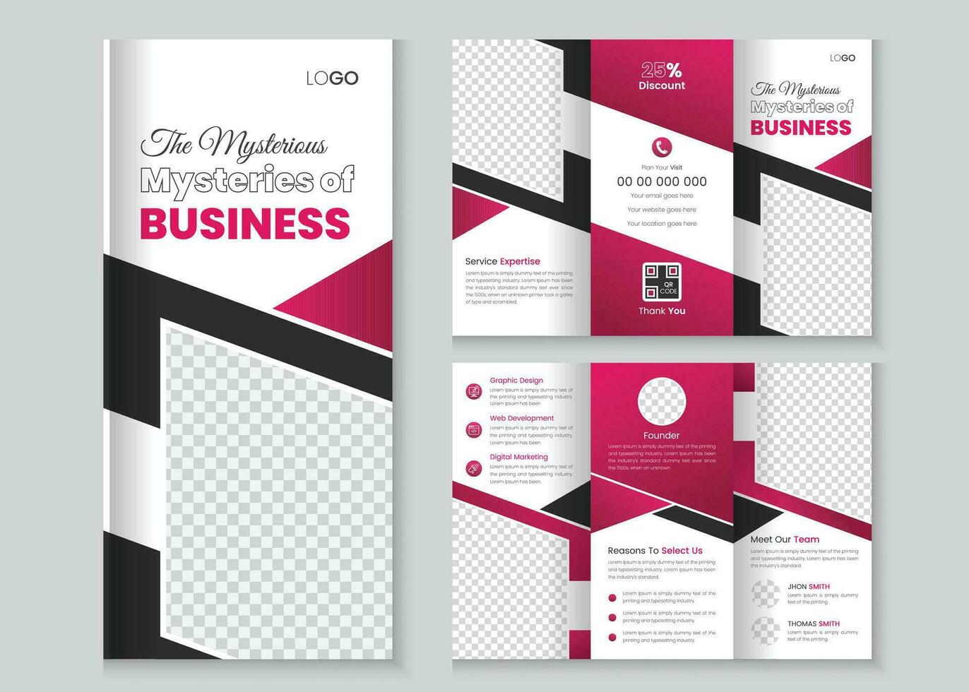 modern drievoud bedrijf brochure sjabloon, bedrijf brochure sjabloon in tri vouwen indeling. zakelijke ontwerp brochure met repliceerbaar afbeelding, drievoud brochure ontwerp met plein vormen, meetkundig vormen vector