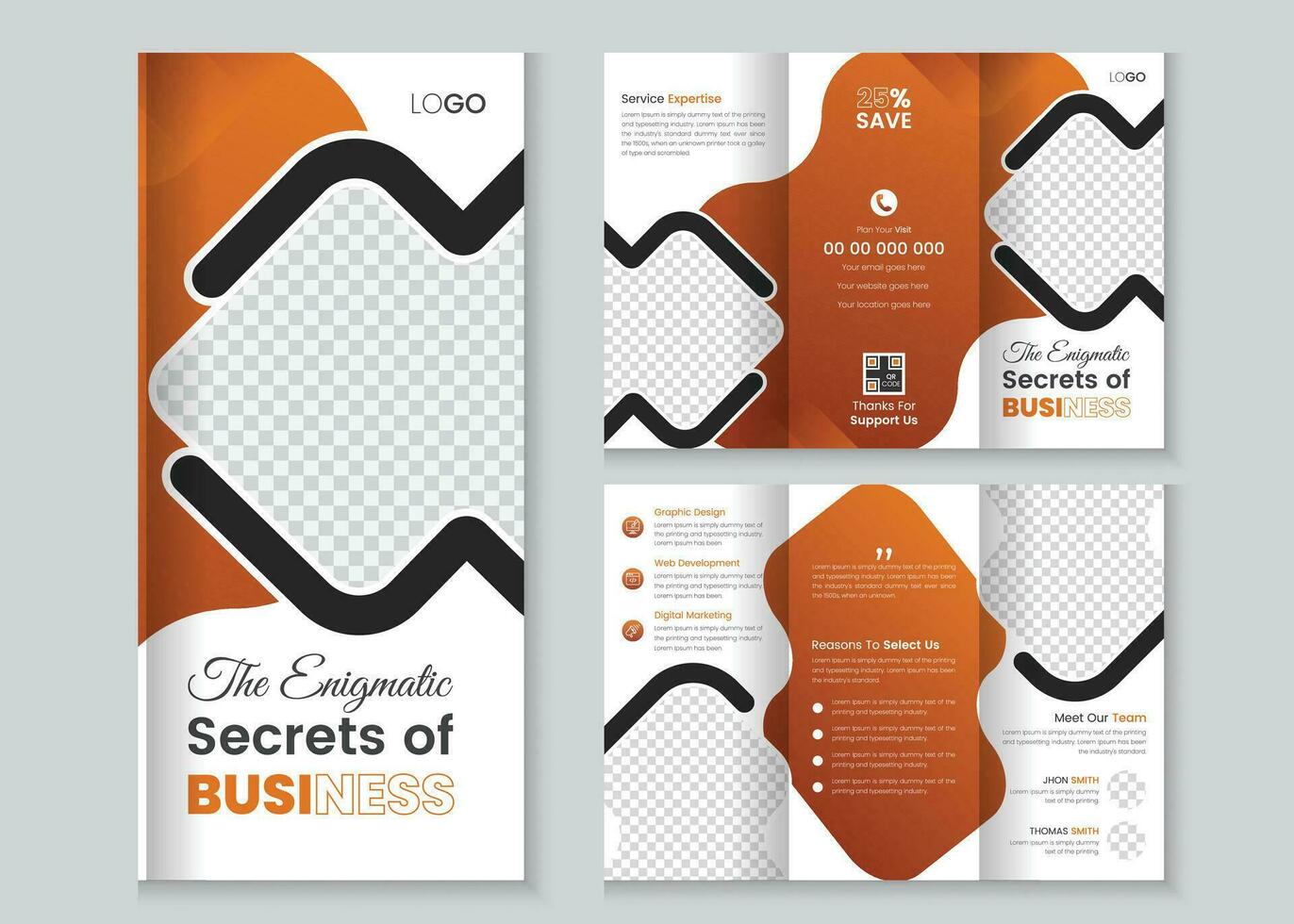 modern drievoud bedrijf brochure sjabloon, bedrijf brochure sjabloon in tri vouwen indeling. zakelijke ontwerp brochure met repliceerbaar afbeelding, drievoud brochure ontwerp met plein vormen, meetkundig vormen vector