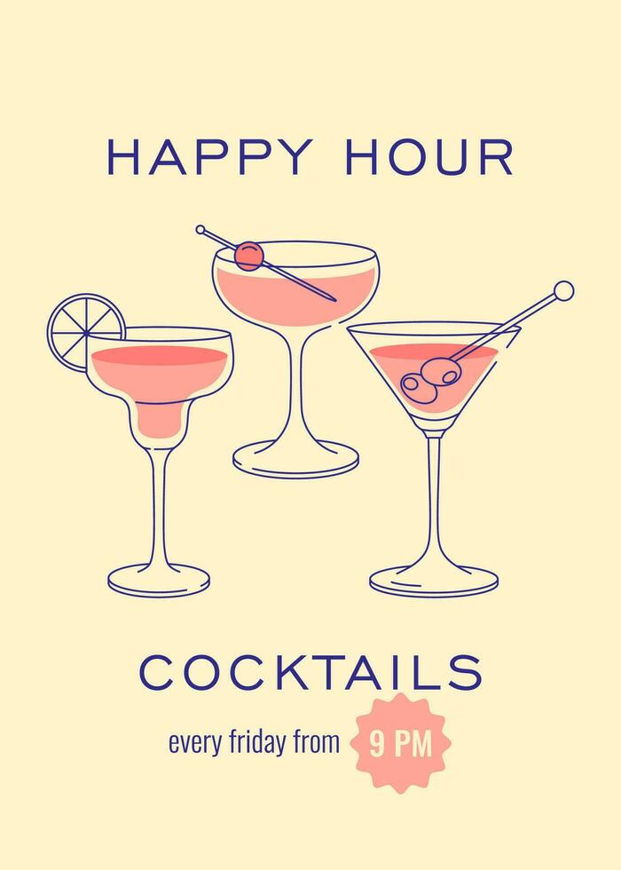modern vlak gelukkig uur cocktails afdrukken. kleurrijk achtergrond met cocktail bril. cafe, bar en restaurant concept poster en web spandoek. vector illustratie.