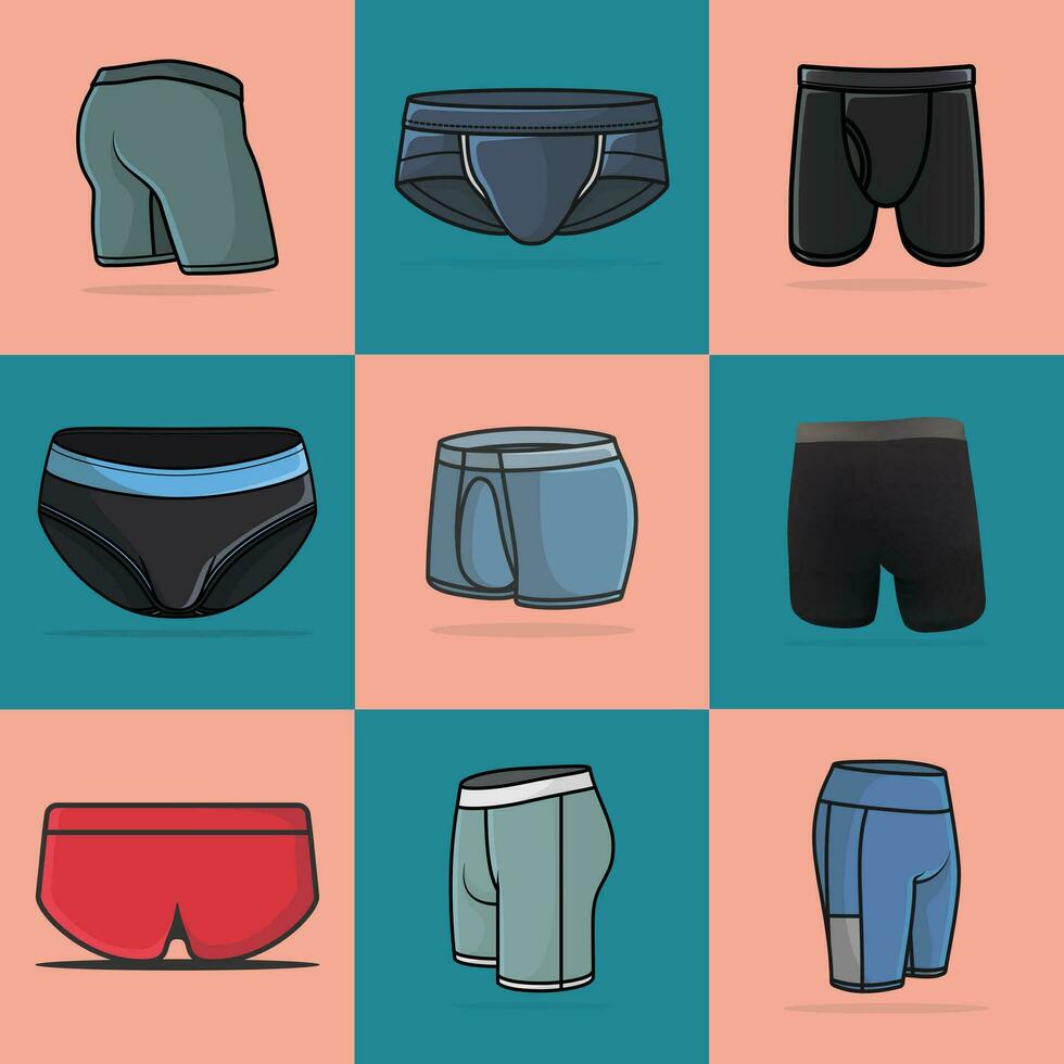 verzameling van 9 mannen sport- ondergoed en shorts vector illustratie. sport- en mode voorwerpen icoon concept.