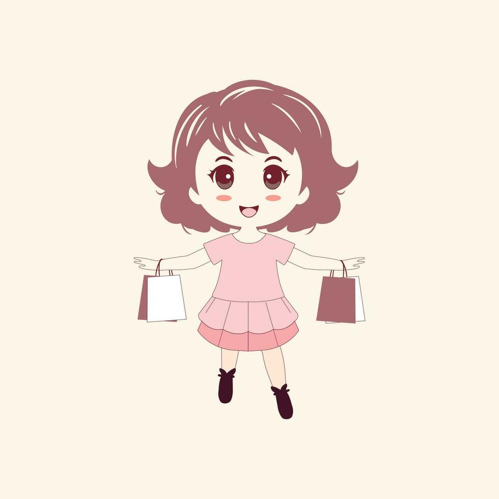 vector illustratie van een glimlachen vrouw in een mooi rok en boodschappen doen met hand- zak