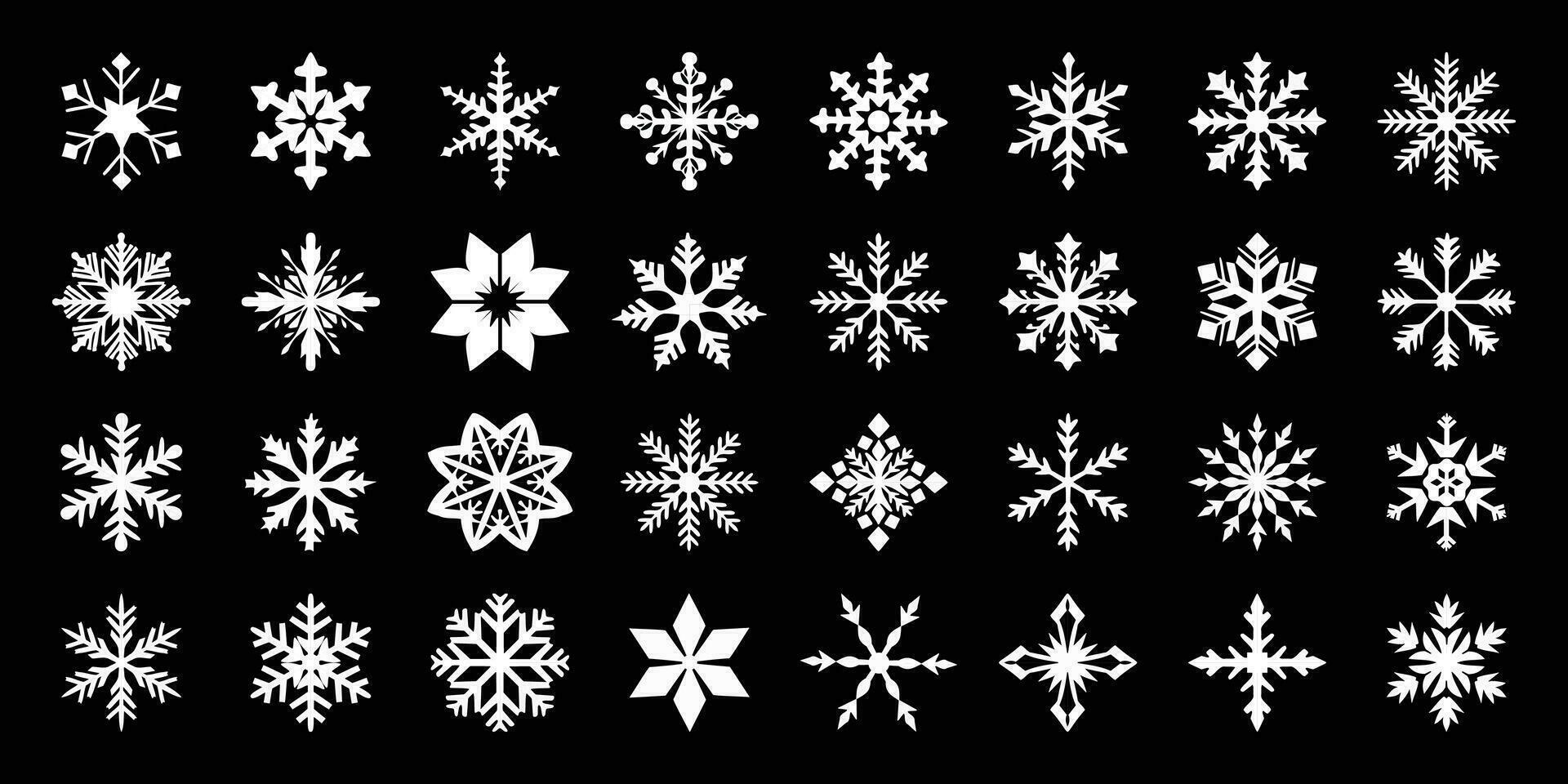reeks van zwart sneeuwvlok winter geïsoleerd Aan zwart achtergrond, Kerstmis sneeuw, sneeuw storm vector
