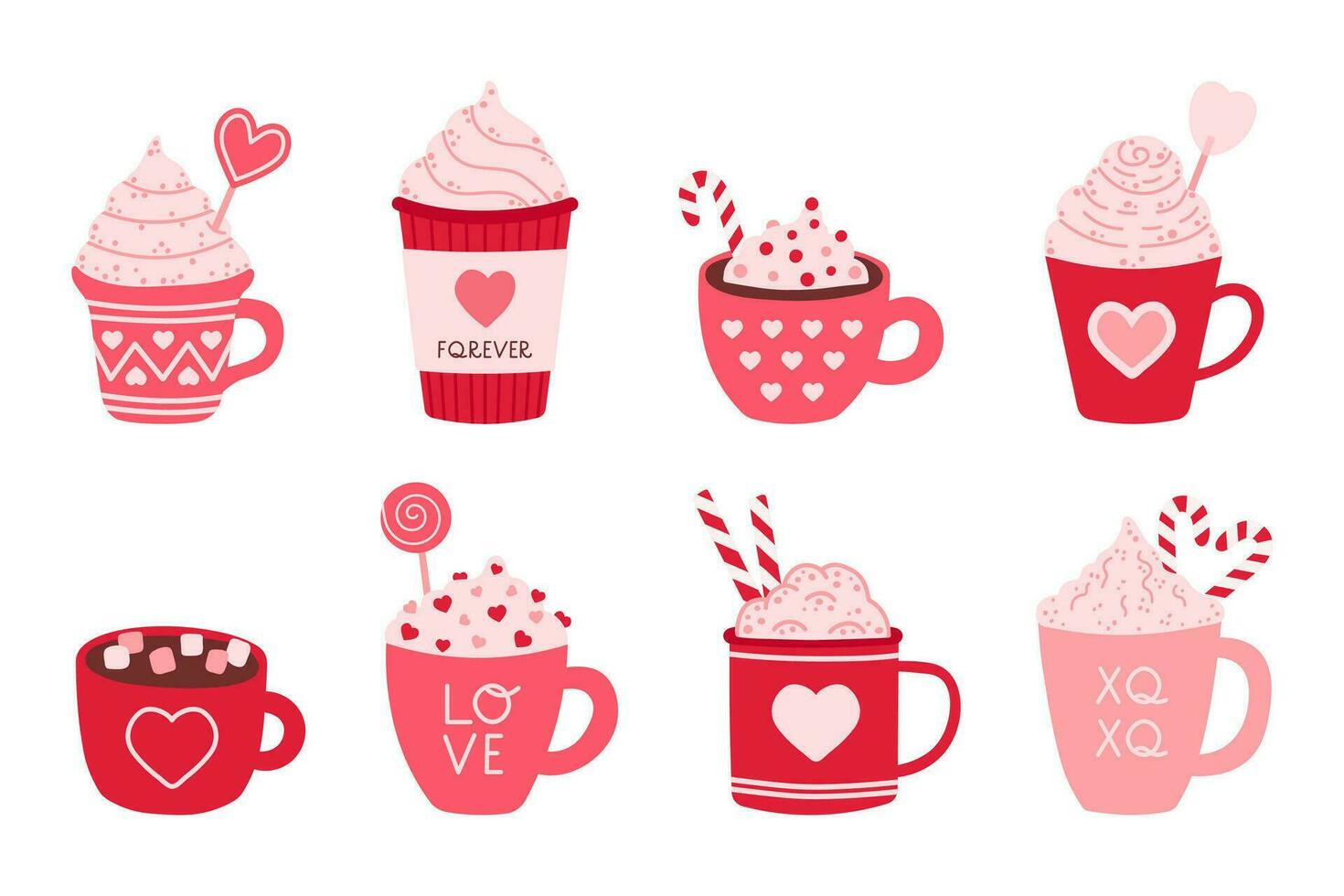 heet drankjes voor Valentijnsdag dag. knus rood en roze cups met harten. hand- getrokken vector illustratie