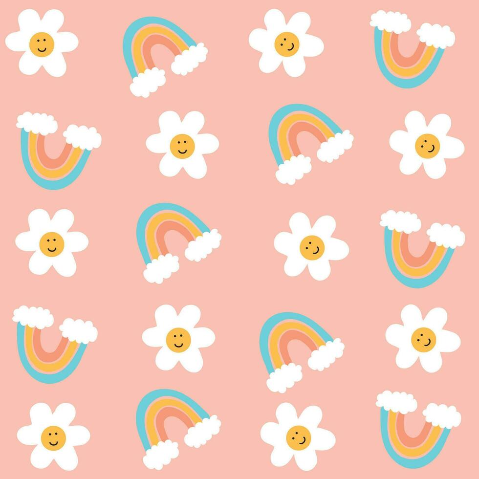 patroon met schattig weinig glimlachen bloemen en regenbogen in kawaii stijl met een roze achtergrond klaar naar afdrukken t-shirts, mokken en meer vector