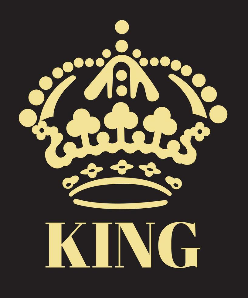 koning goud kroon en tekst geïsoleerd Aan zwart achtergrond. kan worden gebruikt voor afdrukbare souvenirs t-shirt, kussen, magneet, mok, kop icoon van bruiloft uitnodiging vector