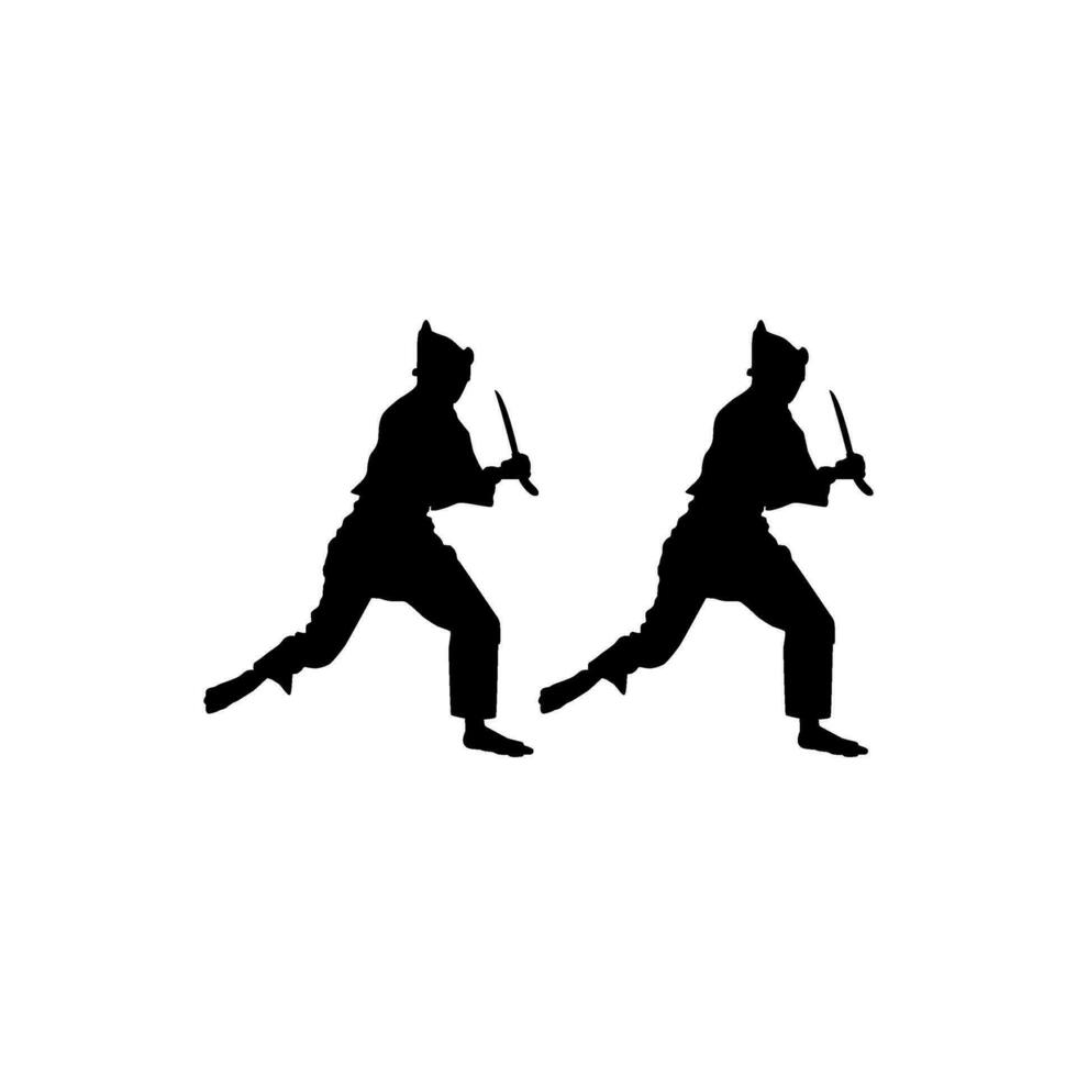 silhouet van 'pennen silat' atleet in actie gebruik machete net zo een wapen, pencak silat is krijgshaftig kunst van Indonesië. vector illustratie