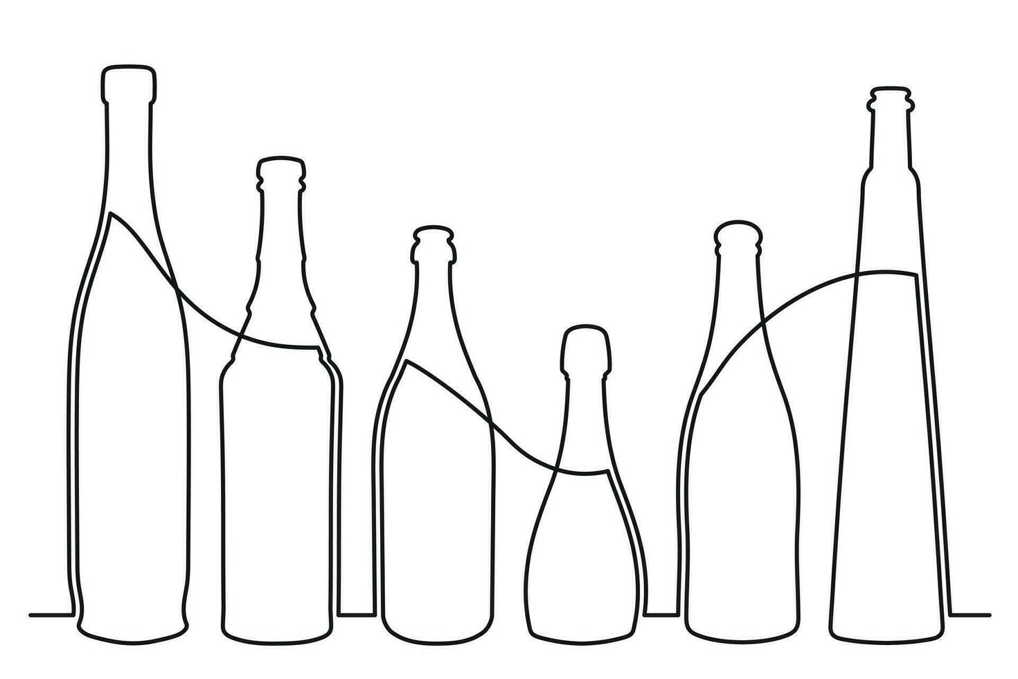 schetsen tekening van een fles van verschillend vormen in de stijl van een solide doorlopend lijn. verzameling van alcoholisch drankjes vector
