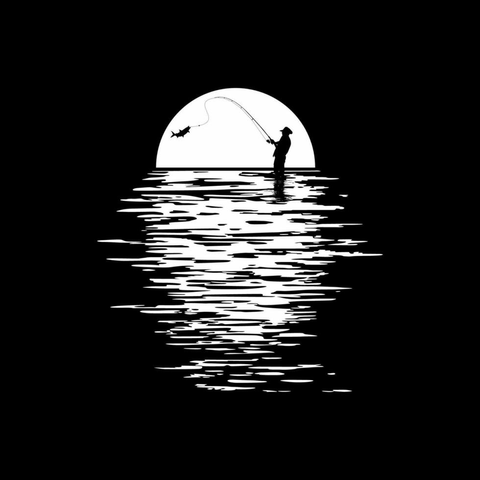 silhouet van de visser of visser Aan de zonsondergang of zonsondergang visie. vector illustratie