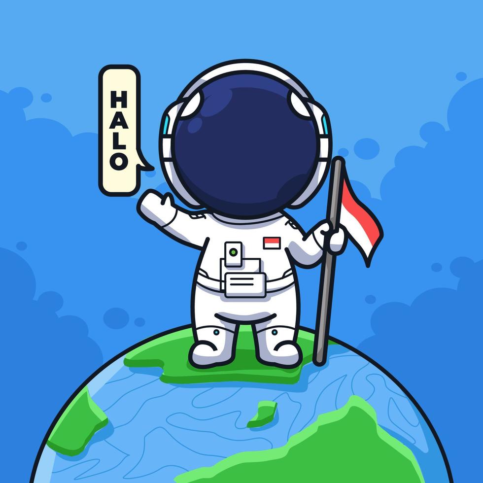 kleine astronaut aan de hemel met maan en raket in schattige lijnkunstillustratiestijl vector