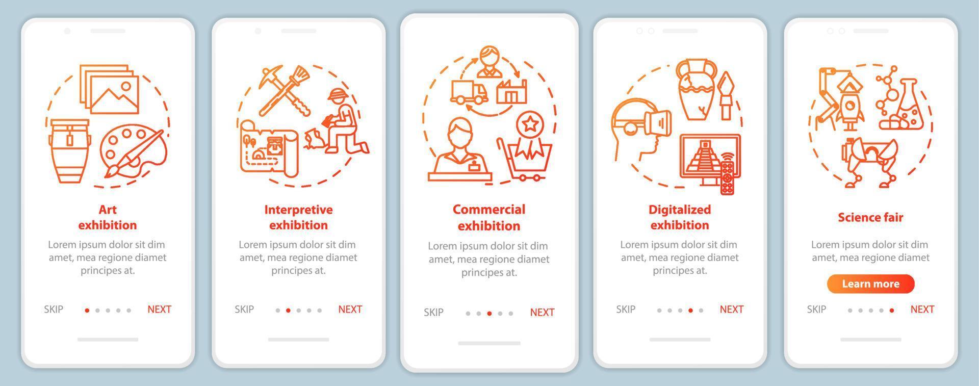 tentoonstelling en museum onboarding mobiele app paginascherm vectorsjabloon vector