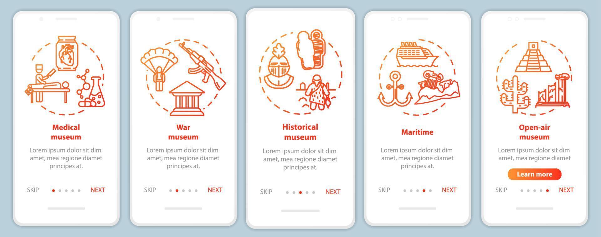 tentoonstelling en museum onboarding mobiele app paginascherm vectorsjabloon vector