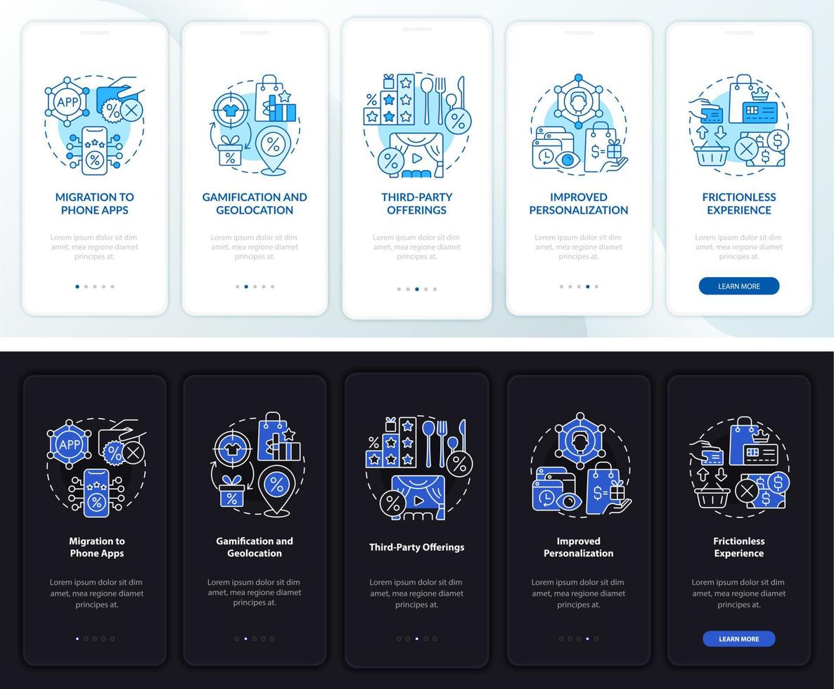 trends in loyaliteitsprogramma's donker, licht onboarding-paginascherm voor mobiele apps vector