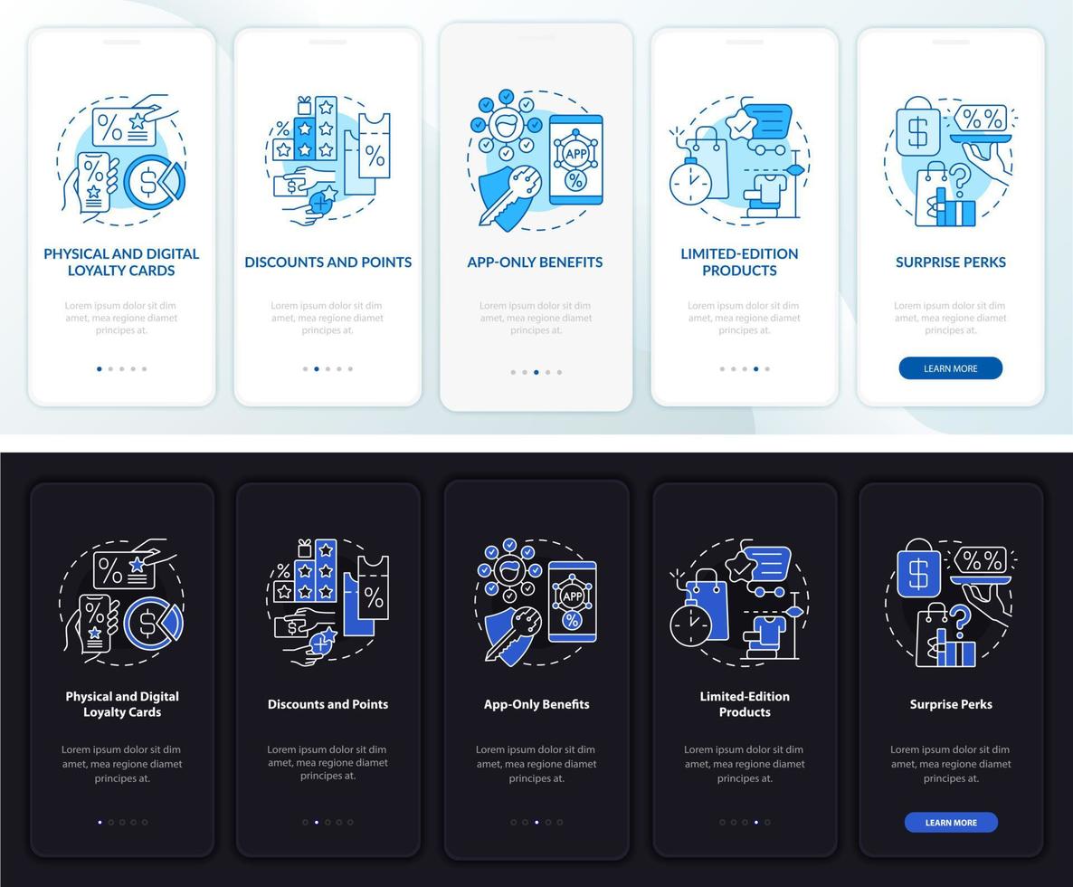 boodschappen loyaliteitsprogramma dag, nacht onboarding mobiele app paginascherm vector